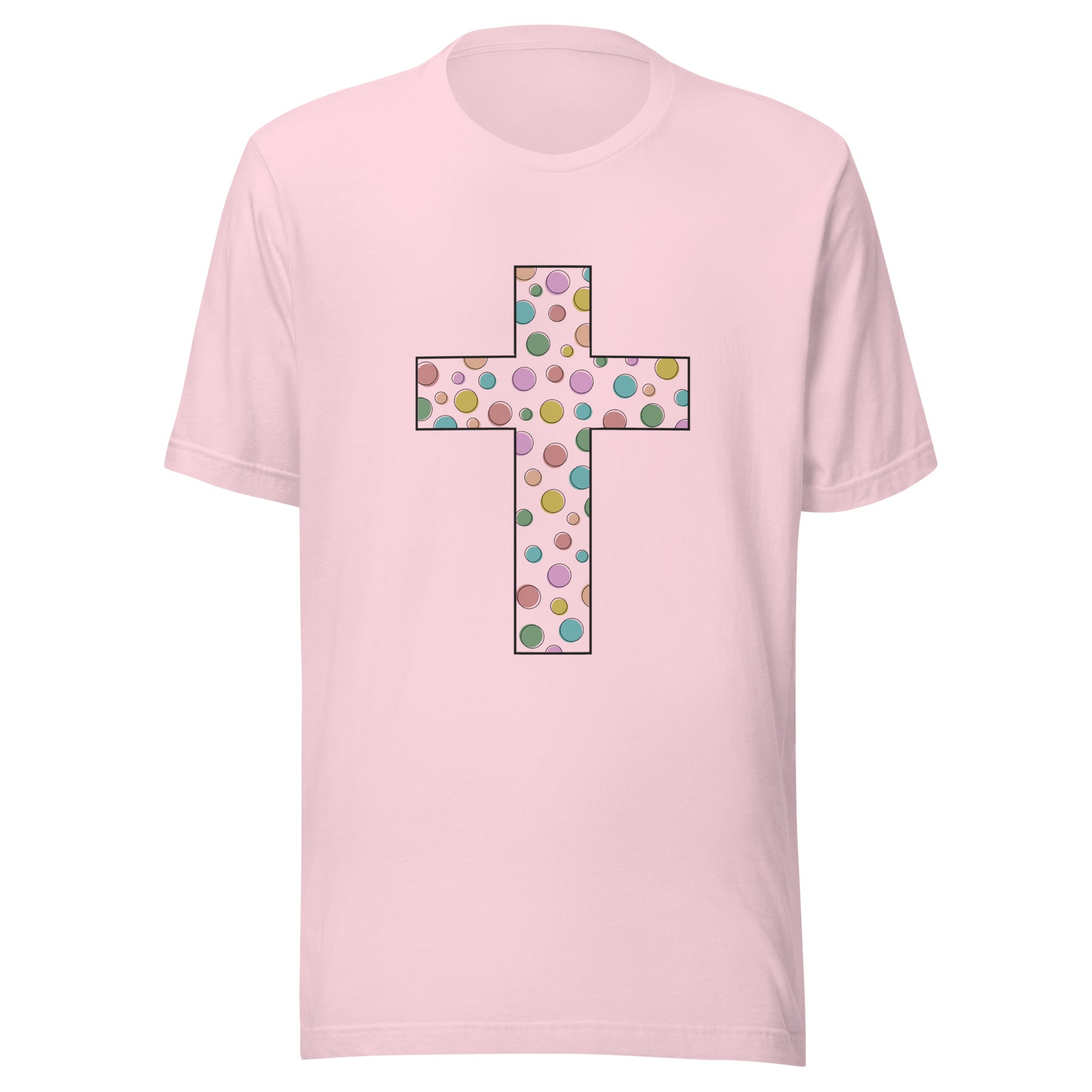 Soft pink unisex short sleeve t-shirt that has a multi-colored polka dot cute cross on the front. 