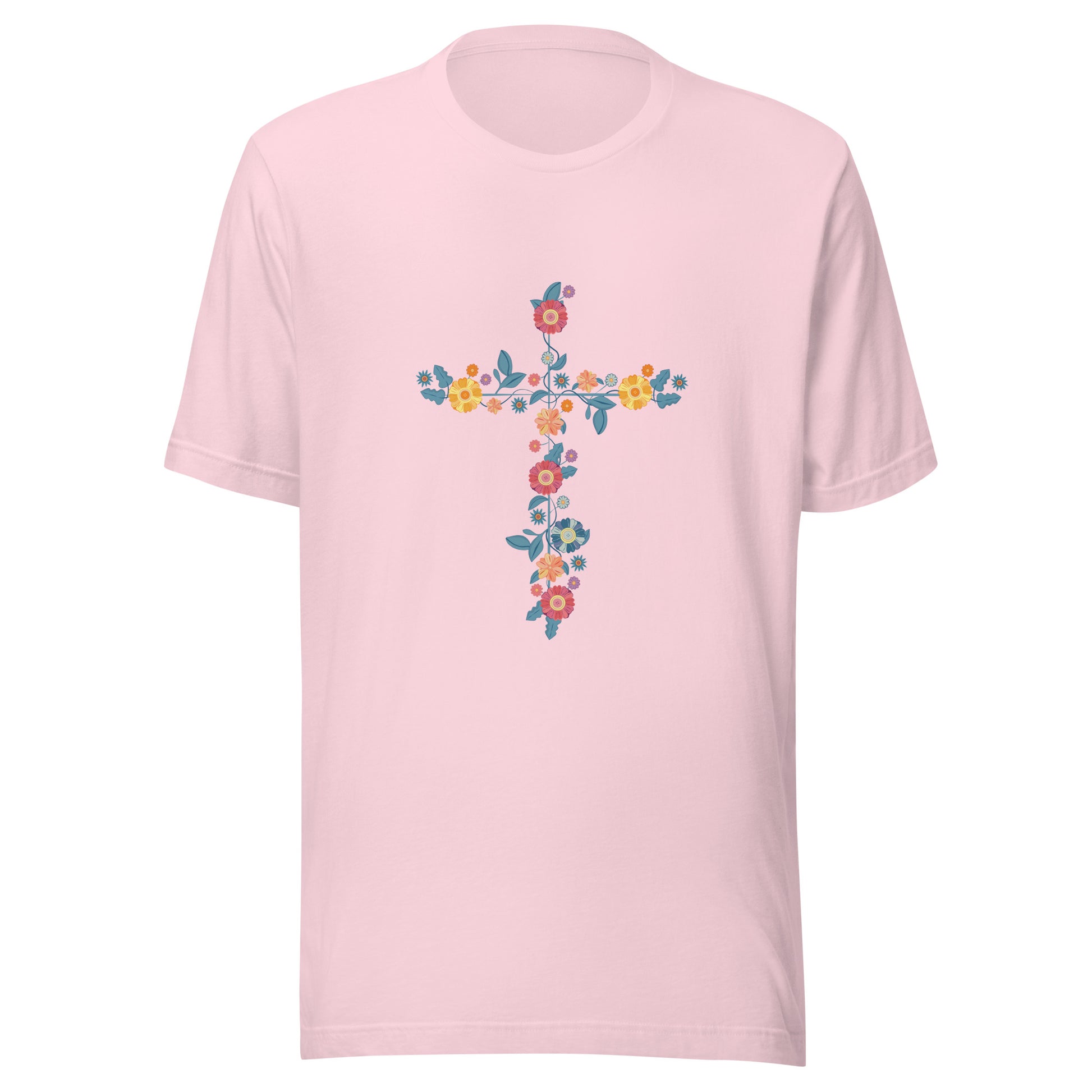 Soft pink unisex short sleeve t-shirt that has a multi-colored delicate floral cross.