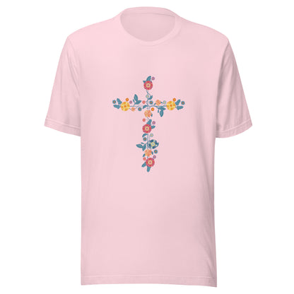 Soft pink unisex short sleeve t-shirt that has a multi-colored delicate floral cross.