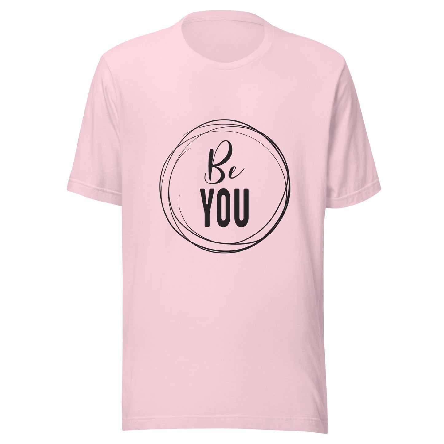Soft pink unisex short sleeve t-shirt that says 'Be you' inside of a circle.