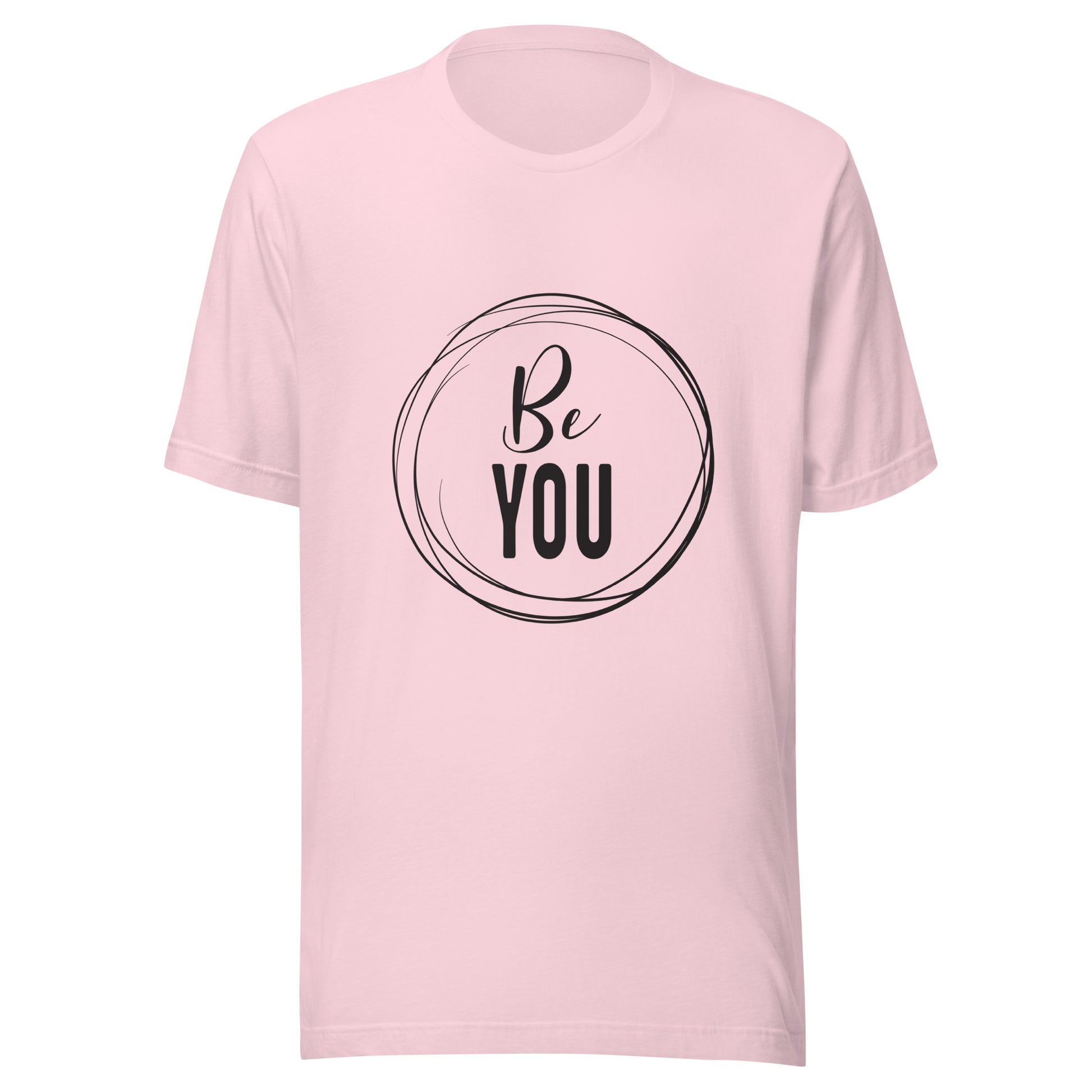 Soft pink unisex short sleeve t-shirt that says 'Be you' inside of a circle.