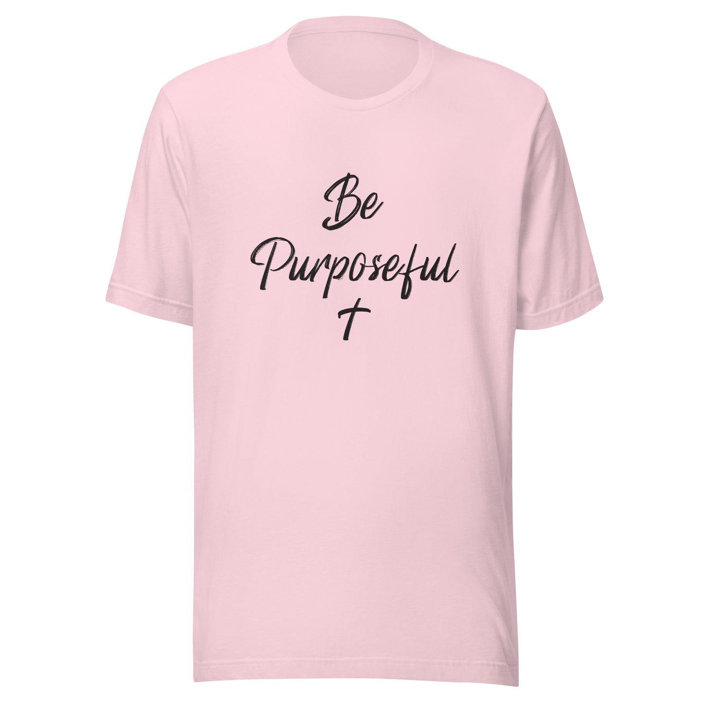 Soft pink unisex short sleeve t-shirt that says Be Purposeful with a Christian cross under it.