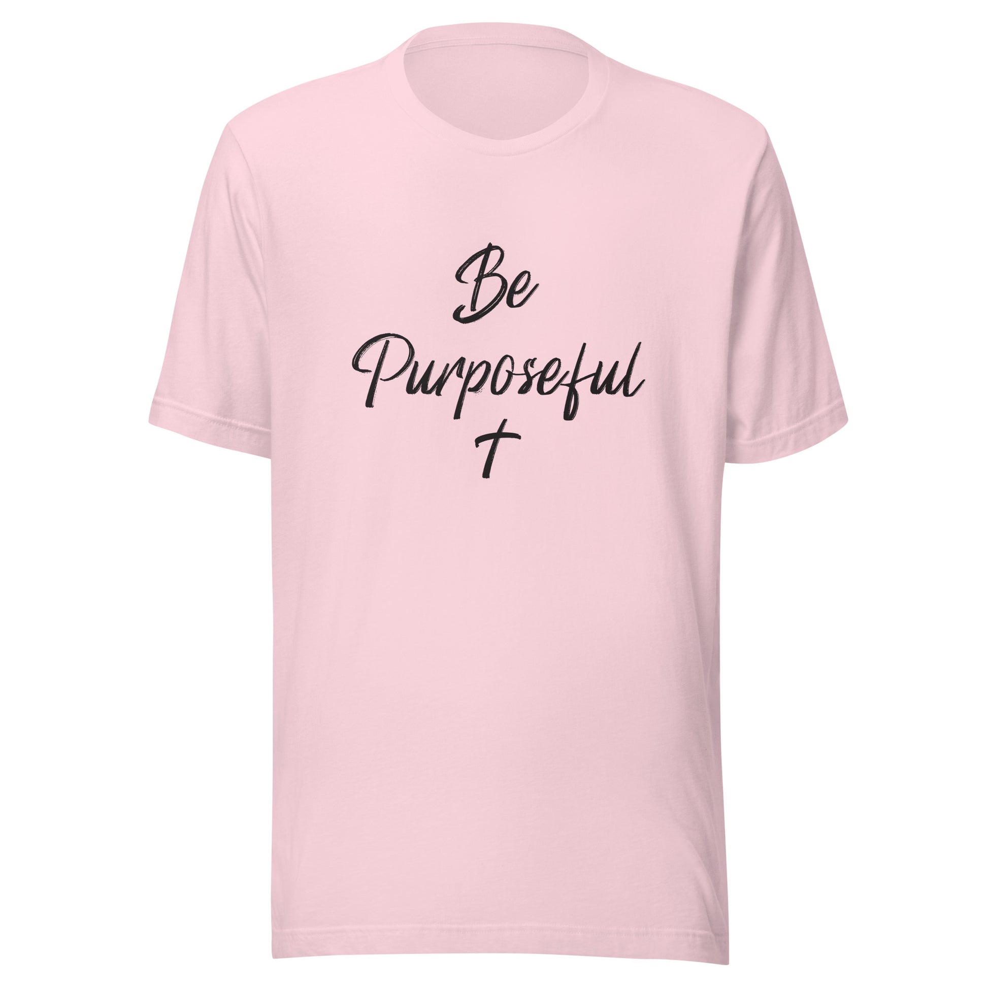 Soft pink unisex short sleeve t-shirt that says Be Purposeful with a Christian cross under it.