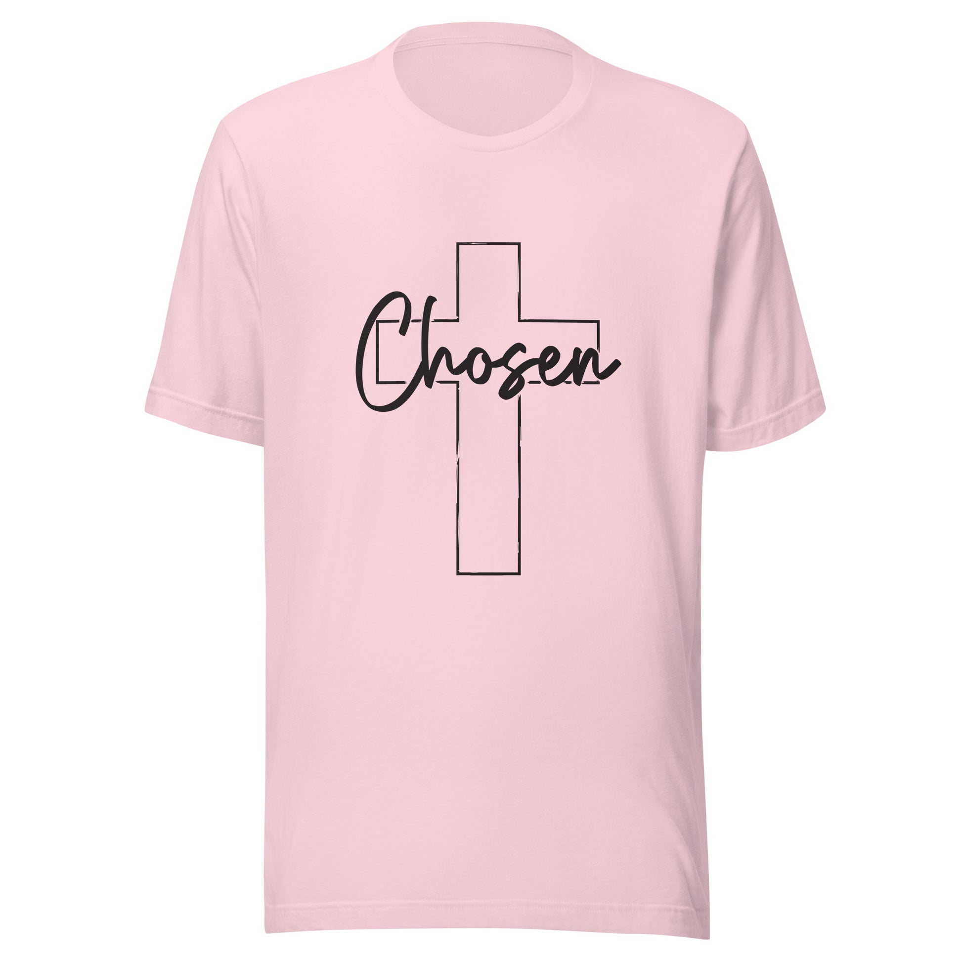 Soft pink unisex short sleeve t-shirt that has a Christian cross and has the word chosen acrossed it. 