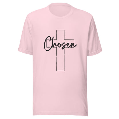 Soft pink unisex short sleeve t-shirt that has a Christian cross and has the word chosen acrossed it. 