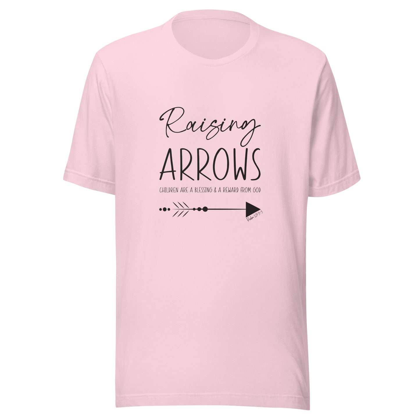 Soft pink unisex short sleeve t-shirt that says Raising arrows and Psalm 127:3 written above a single arrow.