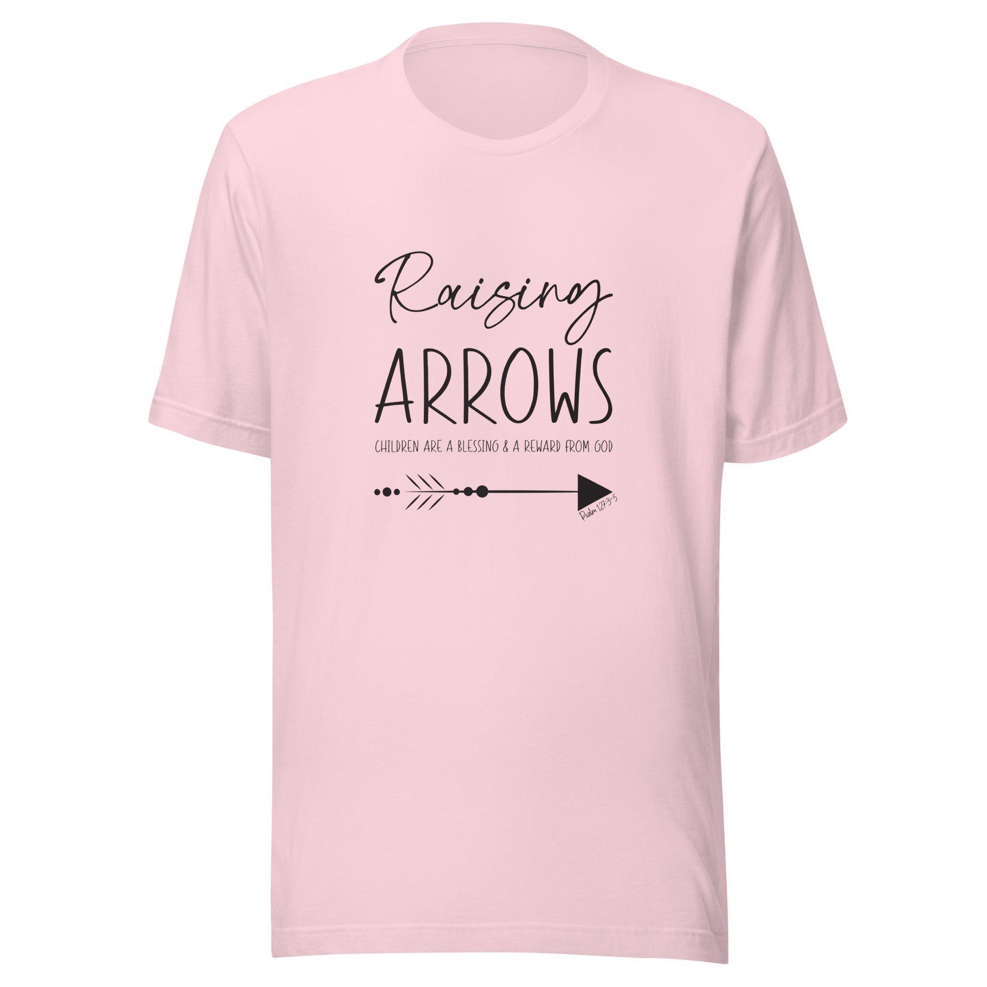 Soft pink unisex short sleeve t-shirt that says Raising arrows and Psalm 127:3 written above a single arrow.