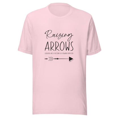 Soft pink unisex short sleeve t-shirt that says Raising arrows and Psalm 127:3 written above a single arrow.