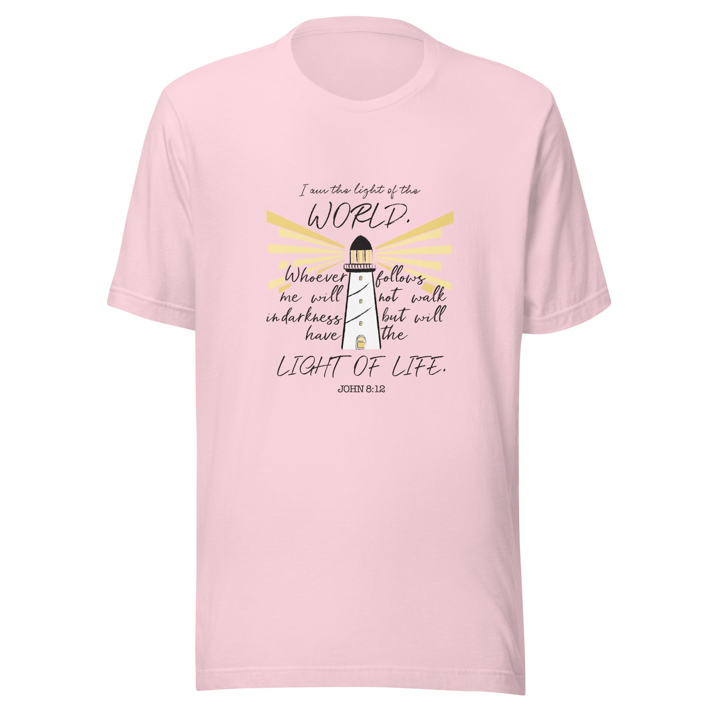 Soft pink unisex short sleeve t-shirt that has John 8:12 scripture featuring a light house with light rays coming from it. 