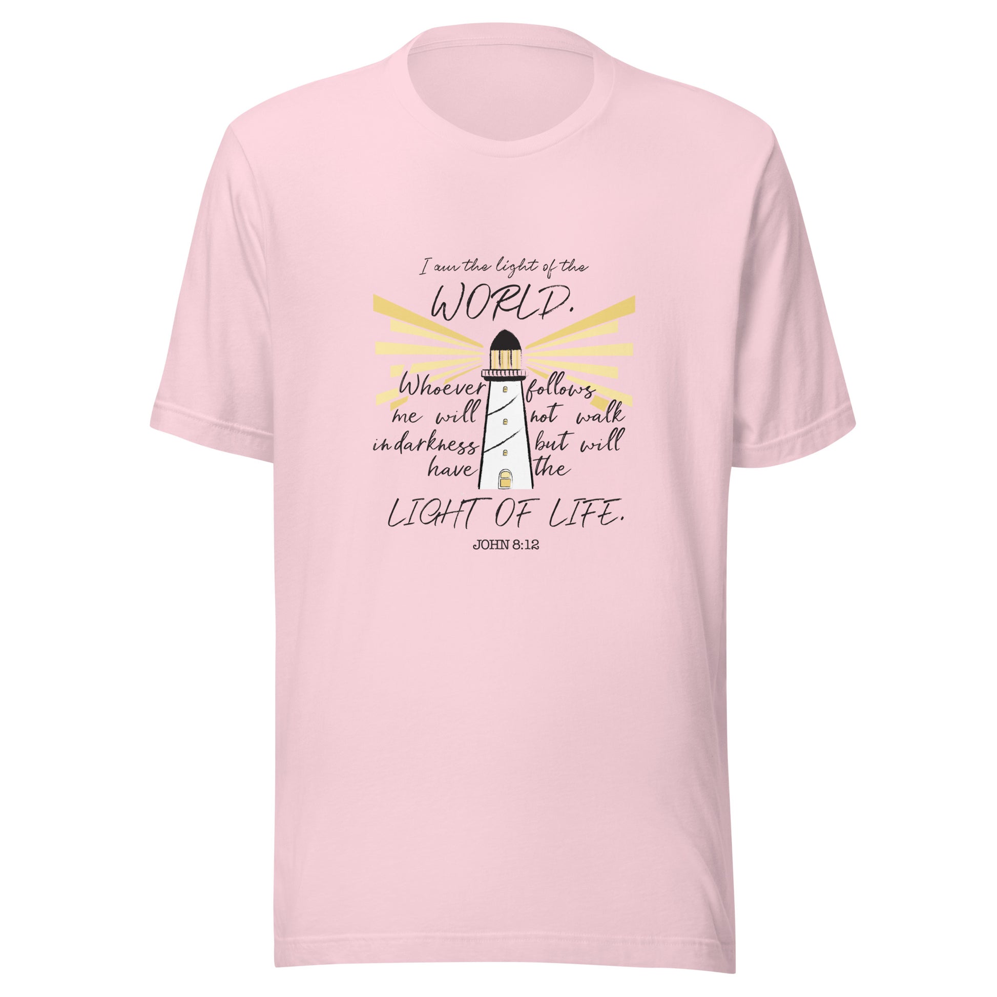 Soft pink unisex short sleeve t-shirt that has John 8:12 scripture featuring a light house with light rays coming from it. 