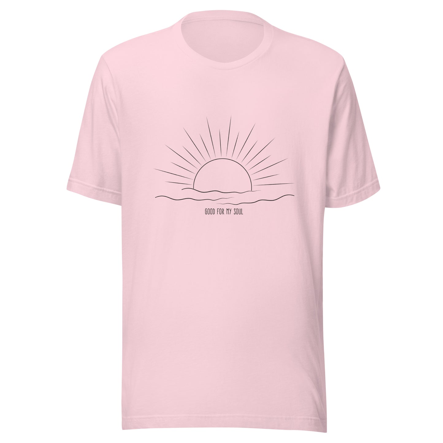 Soft pink unisex short sleeve t-shirt that states 'Good for my soul' with a sunsetting above the words all in black color.