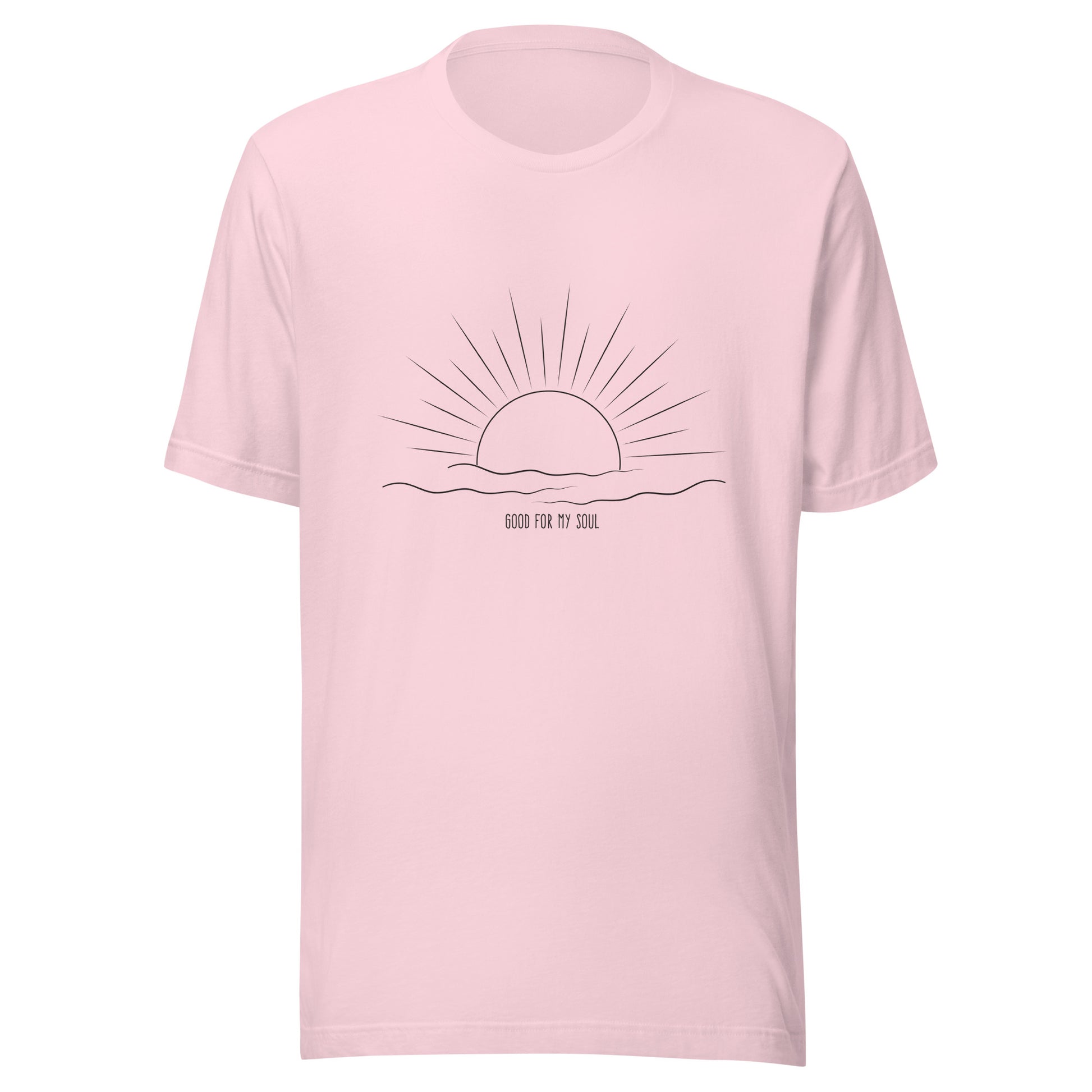 Soft pink unisex short sleeve t-shirt that states 'Good for my soul' with a sunsetting above the words all in black color.