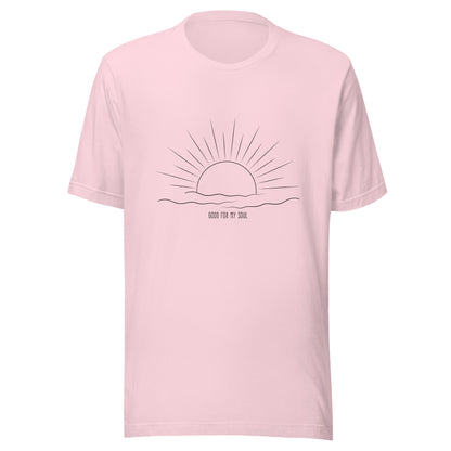 Soft pink unisex short sleeve t-shirt that states 'Good for my soul' with a sunsetting above the words all in black color.