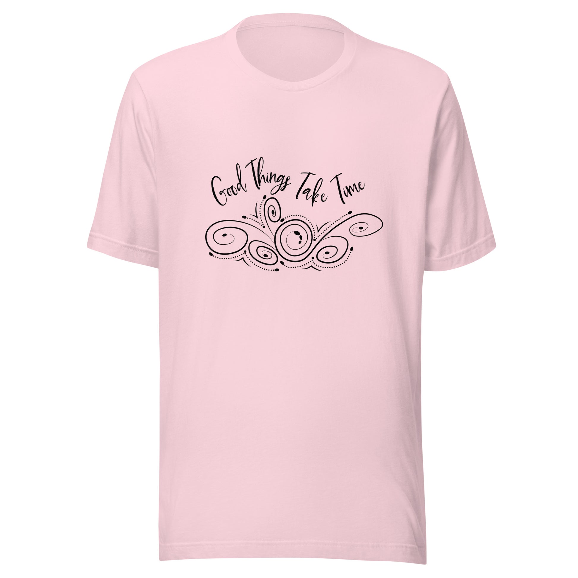 Soft pink unisex short sleeve t-shirt that states 'Good things take time' above a swirly design.