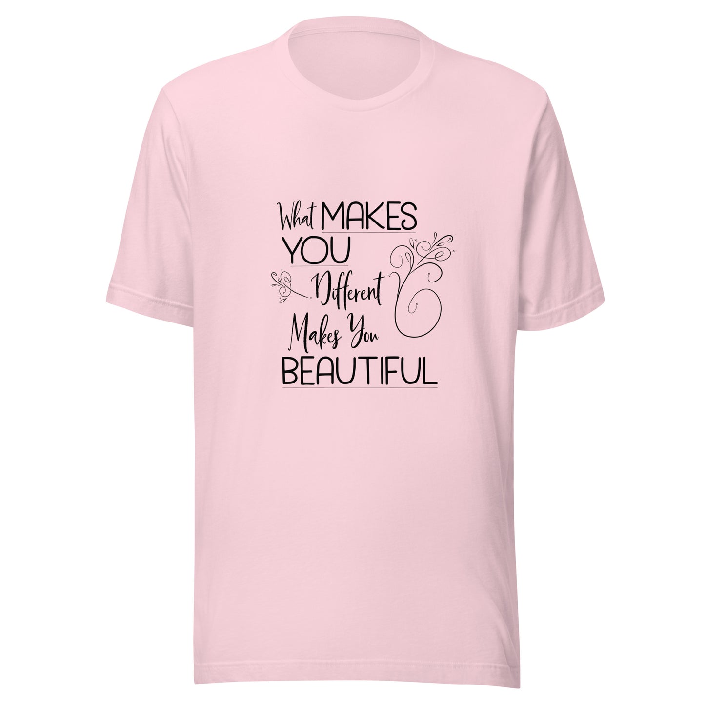 Soft pink  unisex short sleeve t-shirt that states 'What makes you different makes you beautiful'.
