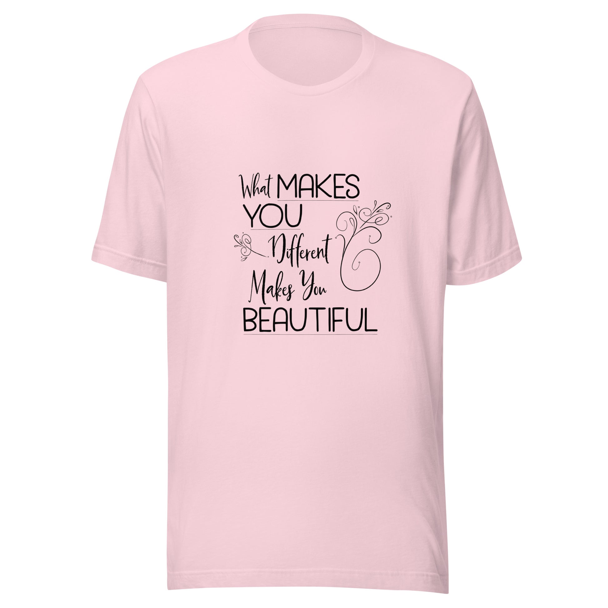 Soft pink  unisex short sleeve t-shirt that states 'What makes you different makes you beautiful'.