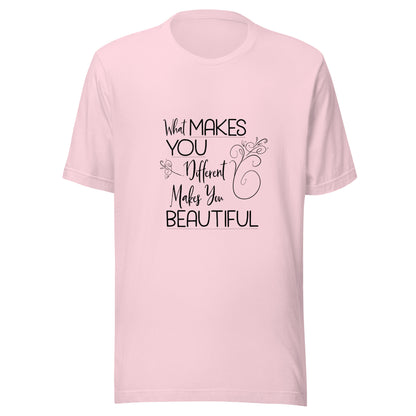 Soft pink  unisex short sleeve t-shirt that states 'What makes you different makes you beautiful'.