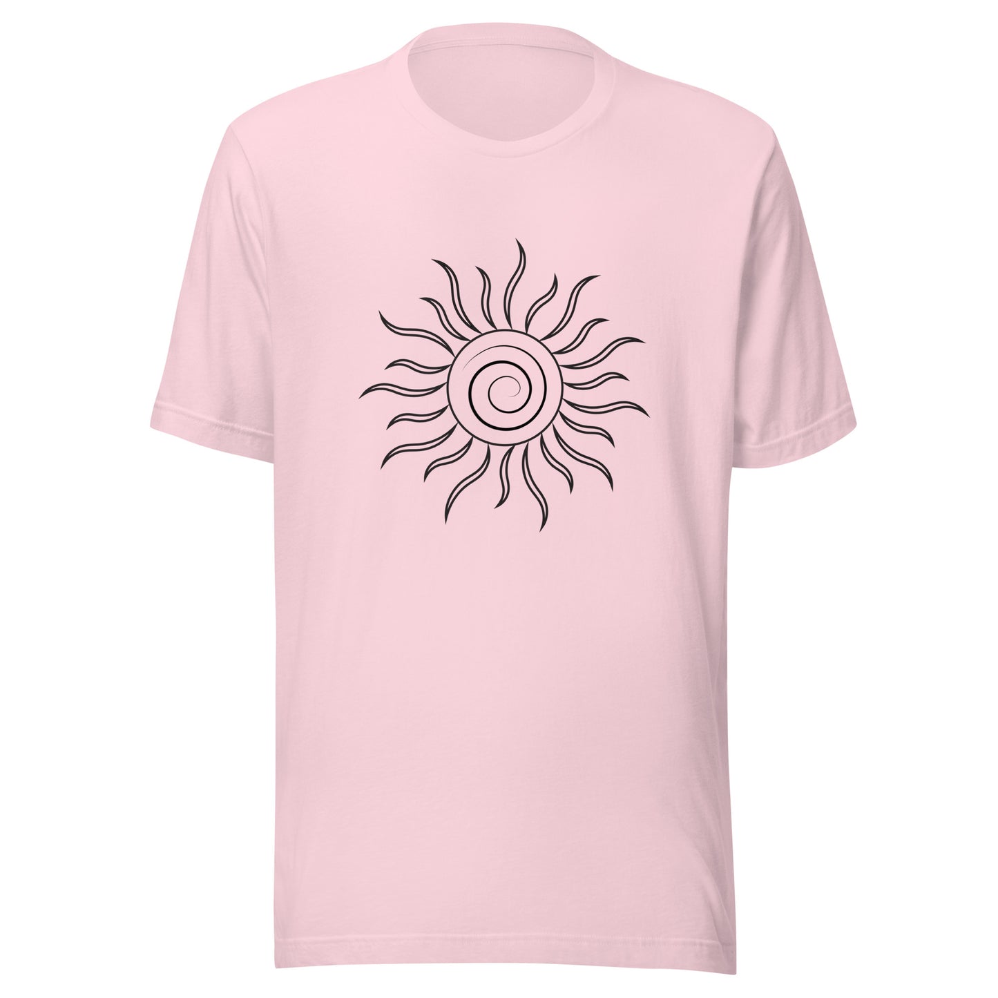 Soft pink unisex short sleeve t-shirt with spiral sun and black fiery looking rays all black ink.