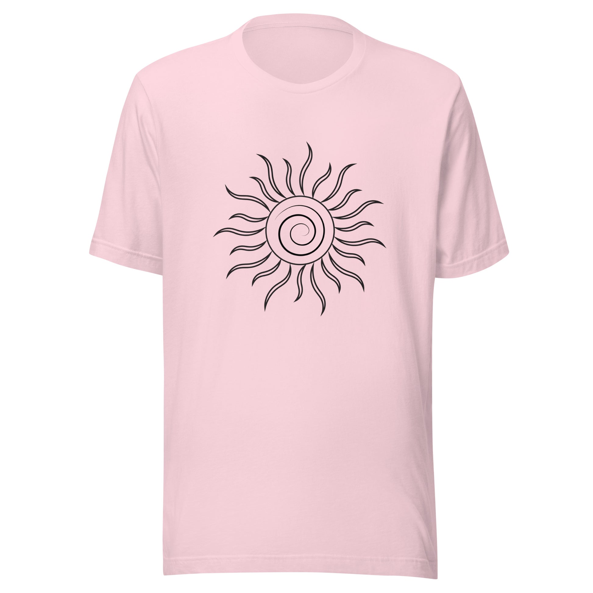 Soft pink unisex short sleeve t-shirt with spiral sun and black fiery looking rays all black ink.