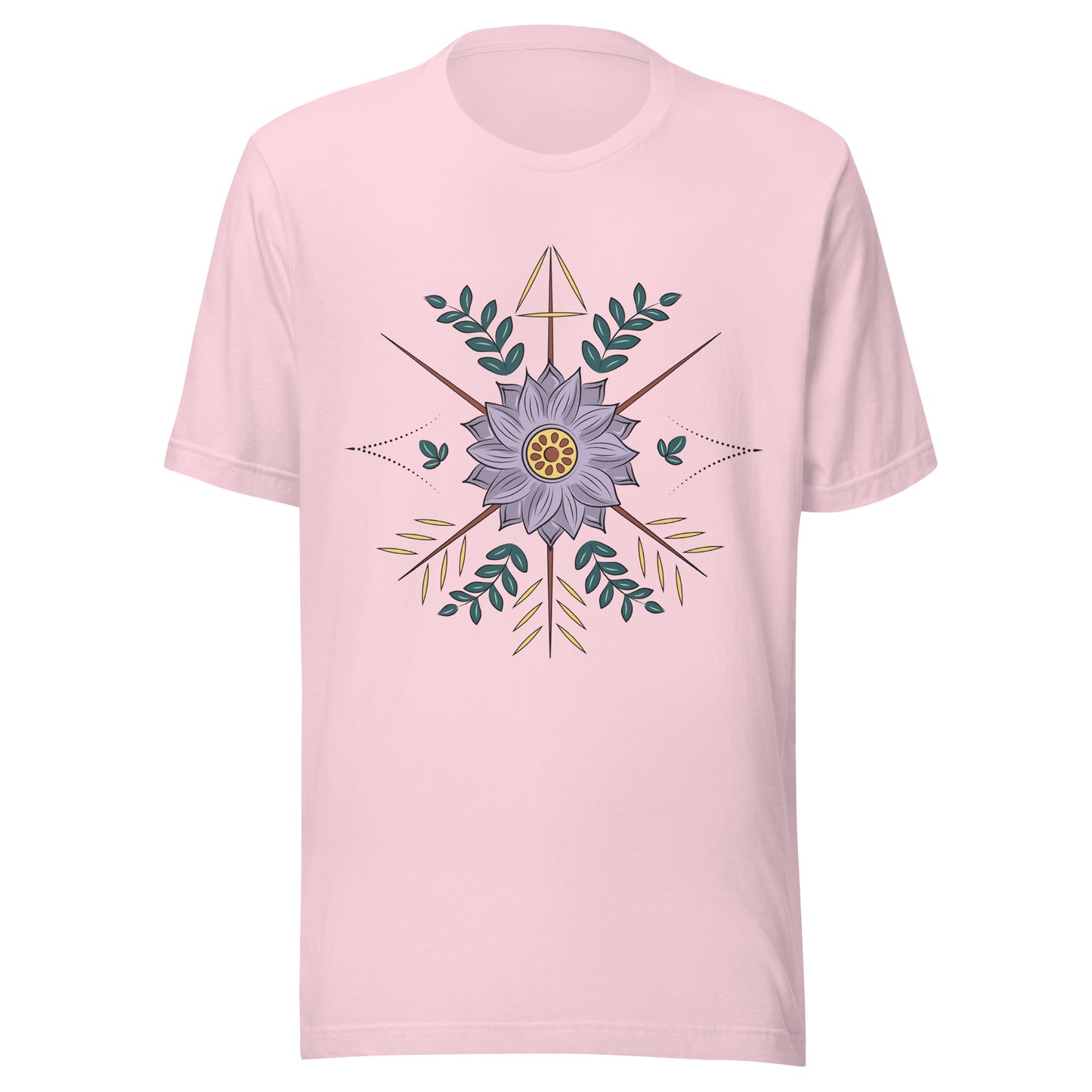 Soft pink unisex short sleeve t-shirt with a purple flower with arrow surrounding it.