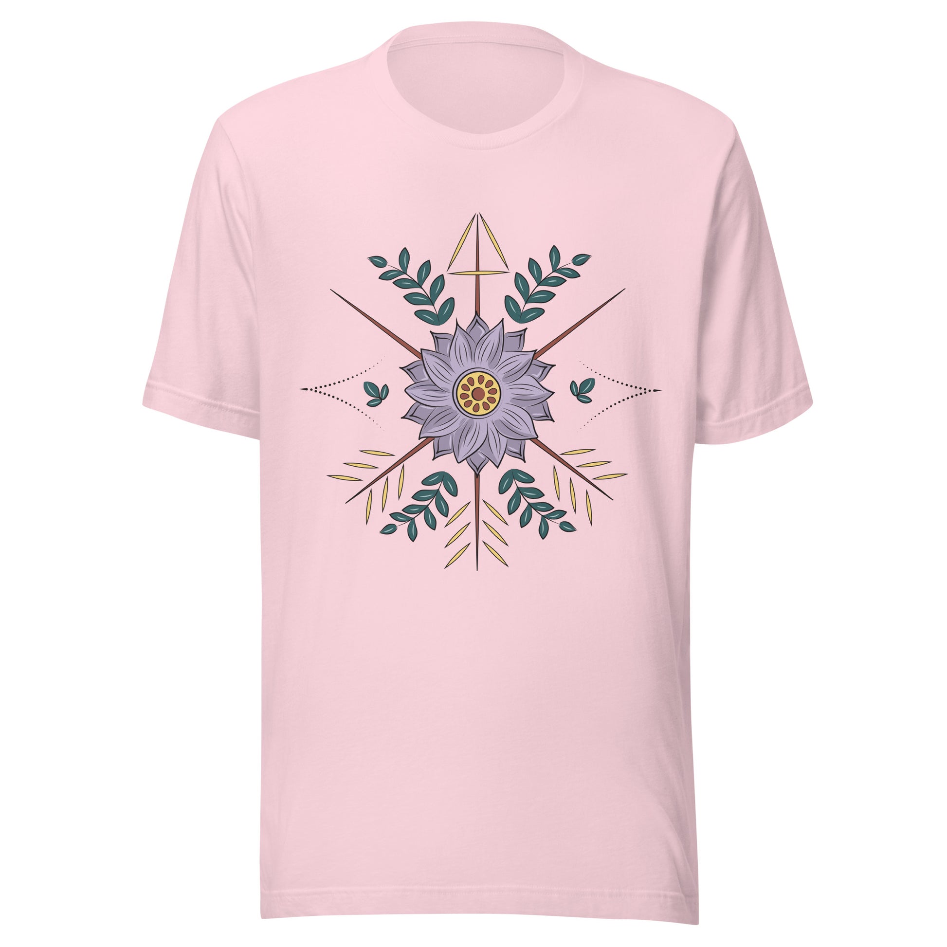 Soft pink unisex short sleeve t-shirt with a purple flower with arrow surrounding it.