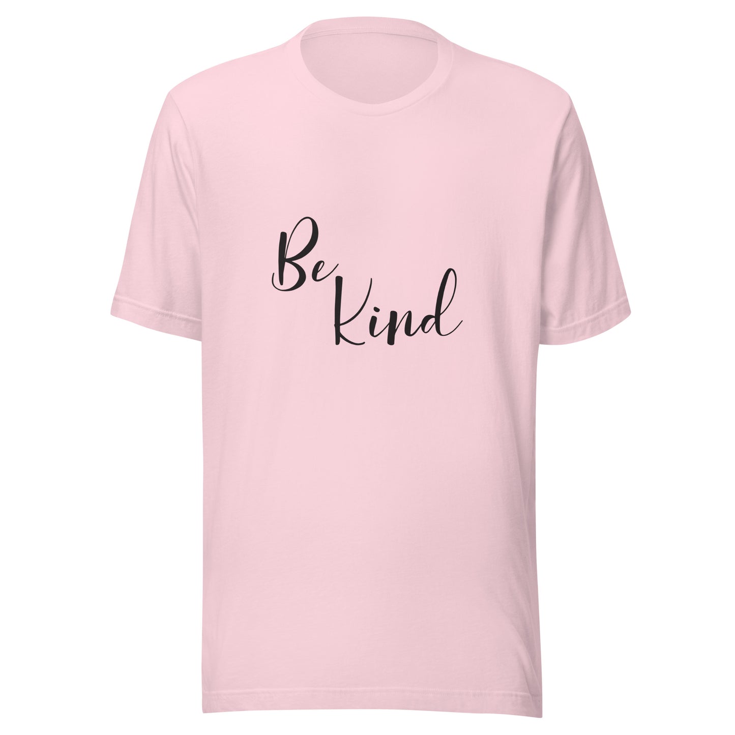 Soft pink unisex short sleeve t-shirt that says 'Be Kind'.