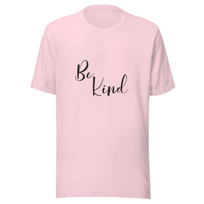 Soft pink unisex short sleeve t-shirt that says 'Be Kind'.