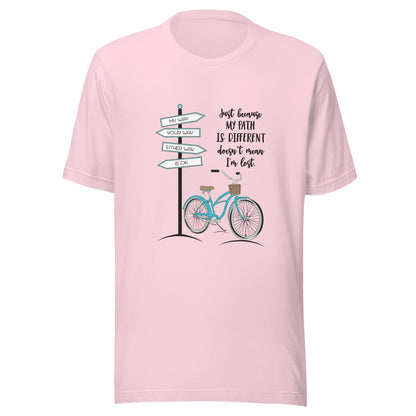 Soft pink unisex short sleeve t-shirt that says 'Just becaue my path is different doesn't mean I'm lost with a bicycle and street signs that say my way your way either way is ok.