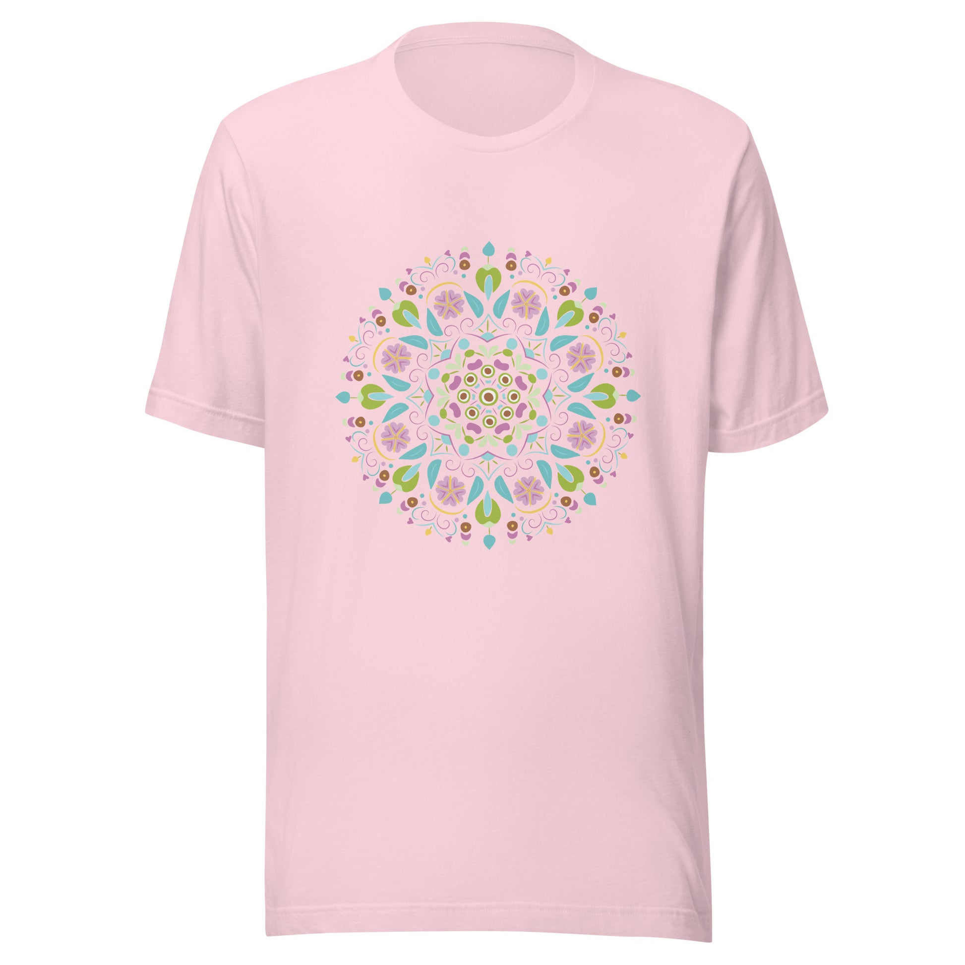 Soft pink unisex short sleeve  t-shirt with a Scandanavian style mandala multi-colored.