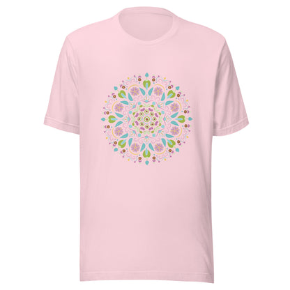 Soft pink unisex short sleeve  t-shirt with a Scandanavian style mandala multi-colored.