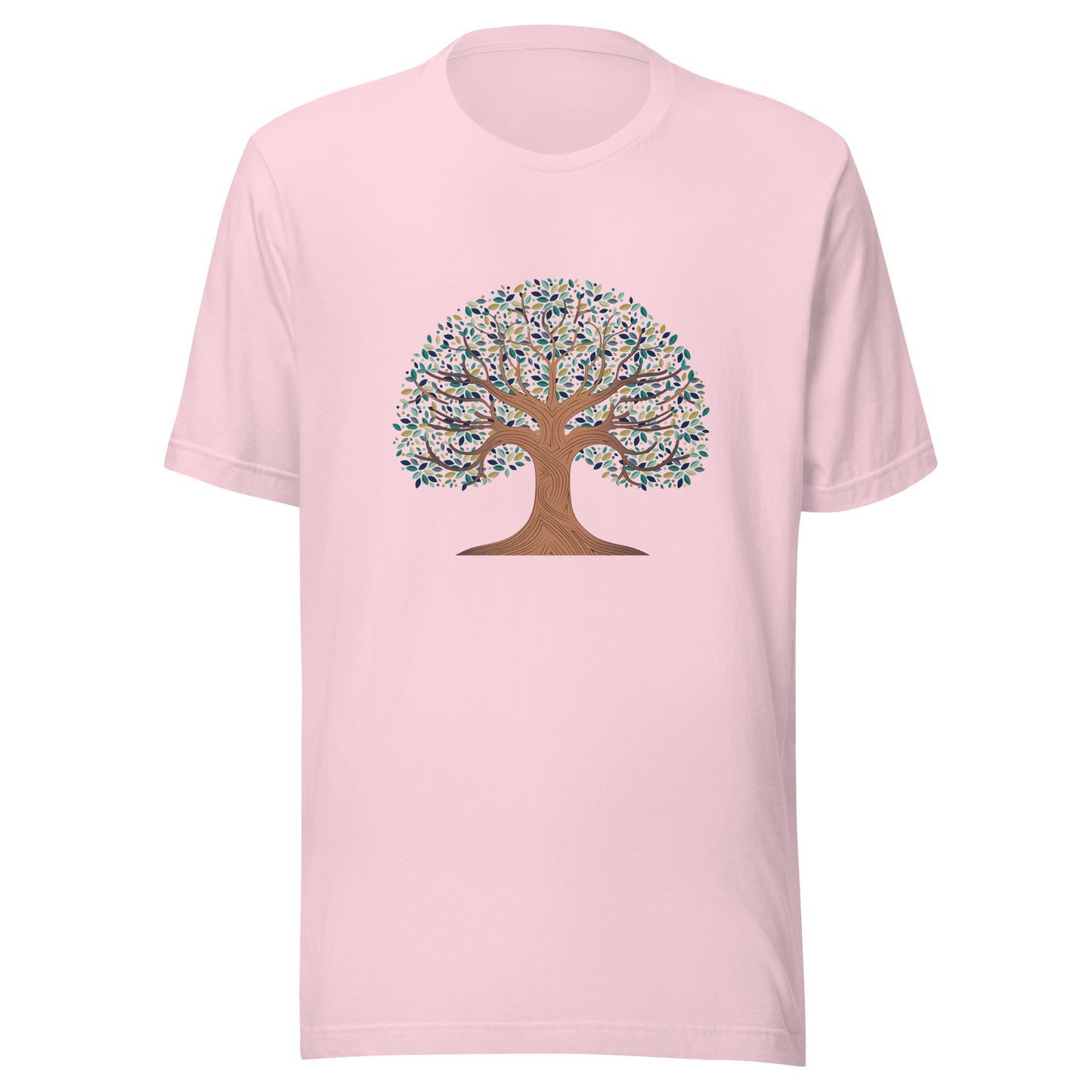Soft pink unisex t-shirt with a tree of life with colorful leaves. 