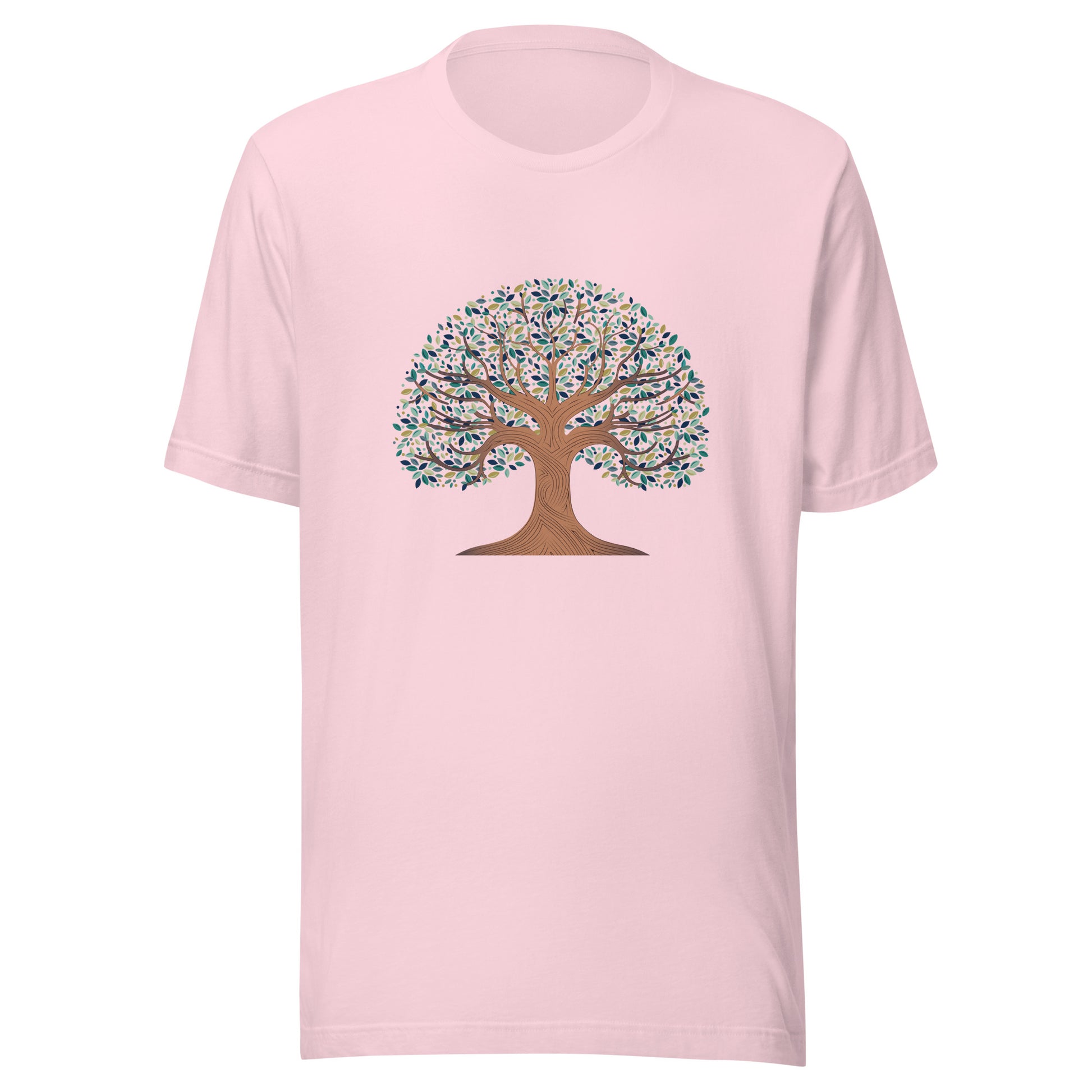 Soft pink unisex t-shirt with a tree of life with colorful leaves. 