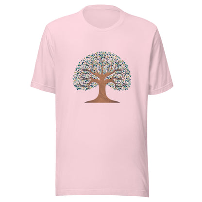 Soft pink unisex t-shirt with a tree of life with colorful leaves. 