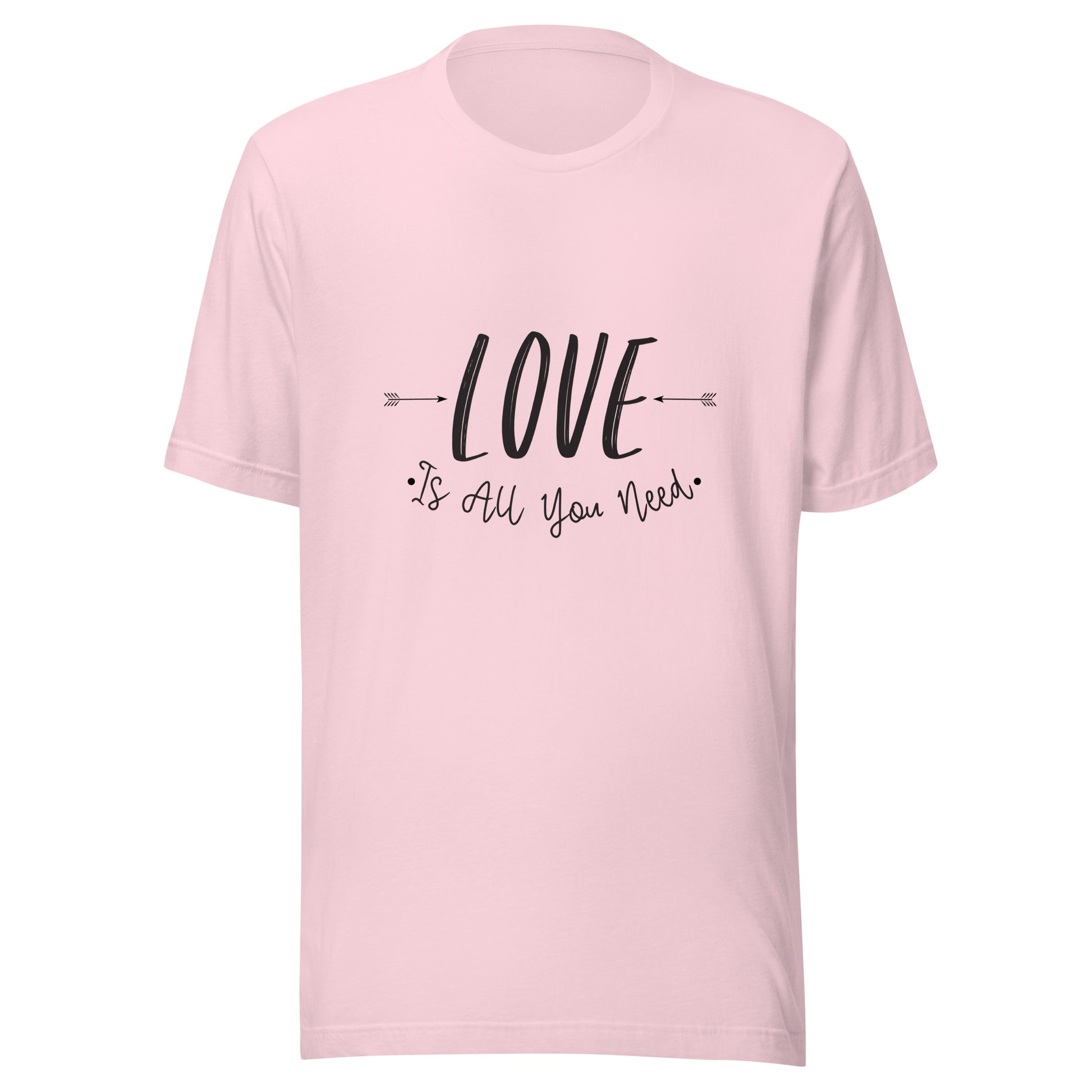 Soft pink unisex t-shirt that says 'Love is all you need' with two arrows pointing at the word love. 