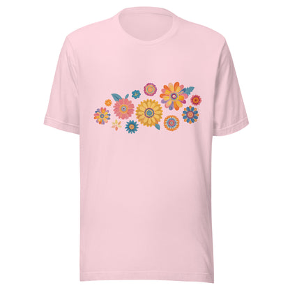 Soft pink short sleeve unisex t-shirt with groovy retro flowers tossed on the front. 