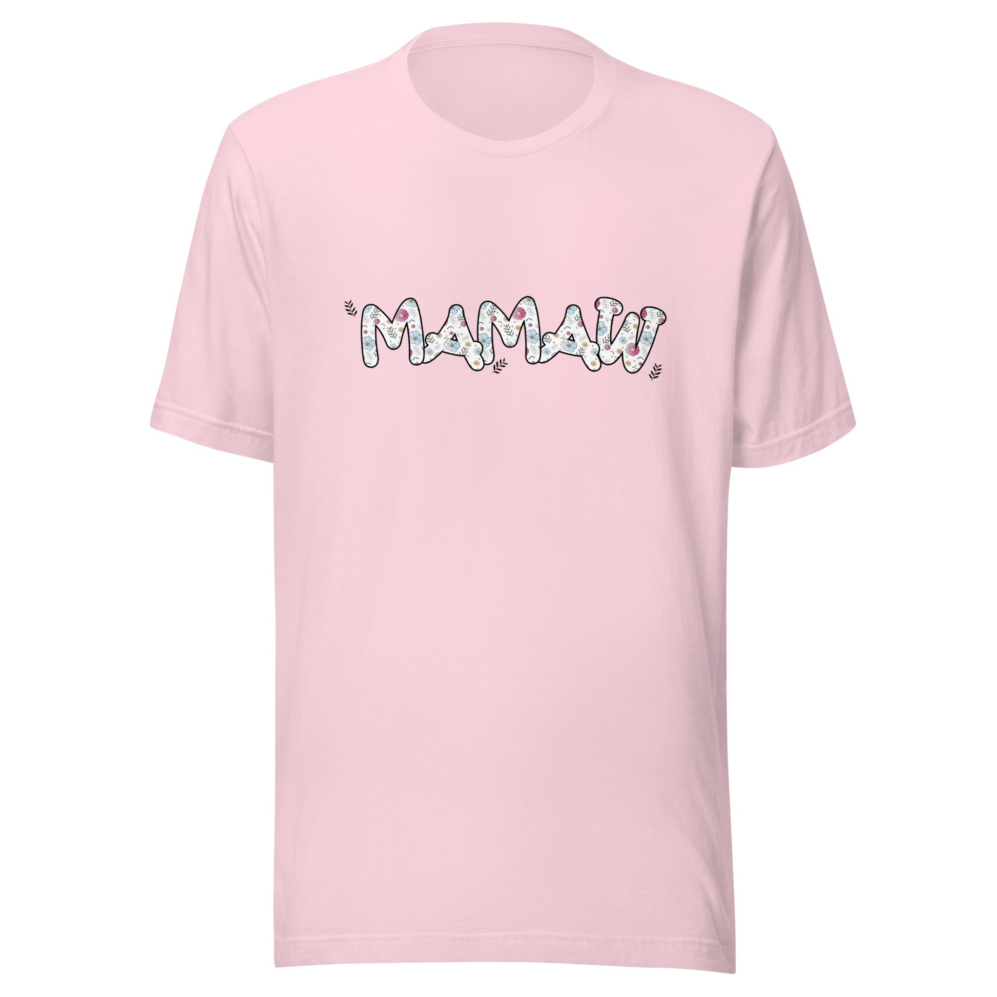 Soft pink short sleeve unisex t-shirt that says Mamaw on the front written in cute font with flowers inside each letter. 
