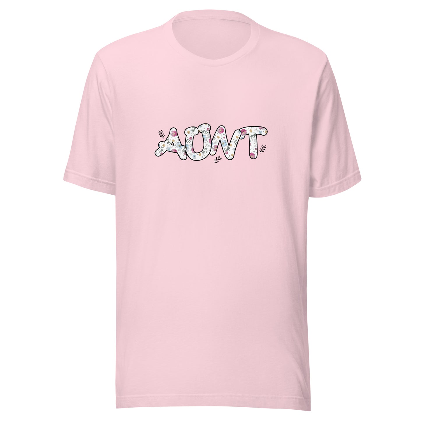 Soft Pink short sleeve unisex t-shirt that says Aunt on the front written in cute font with flowers inside each letter. 