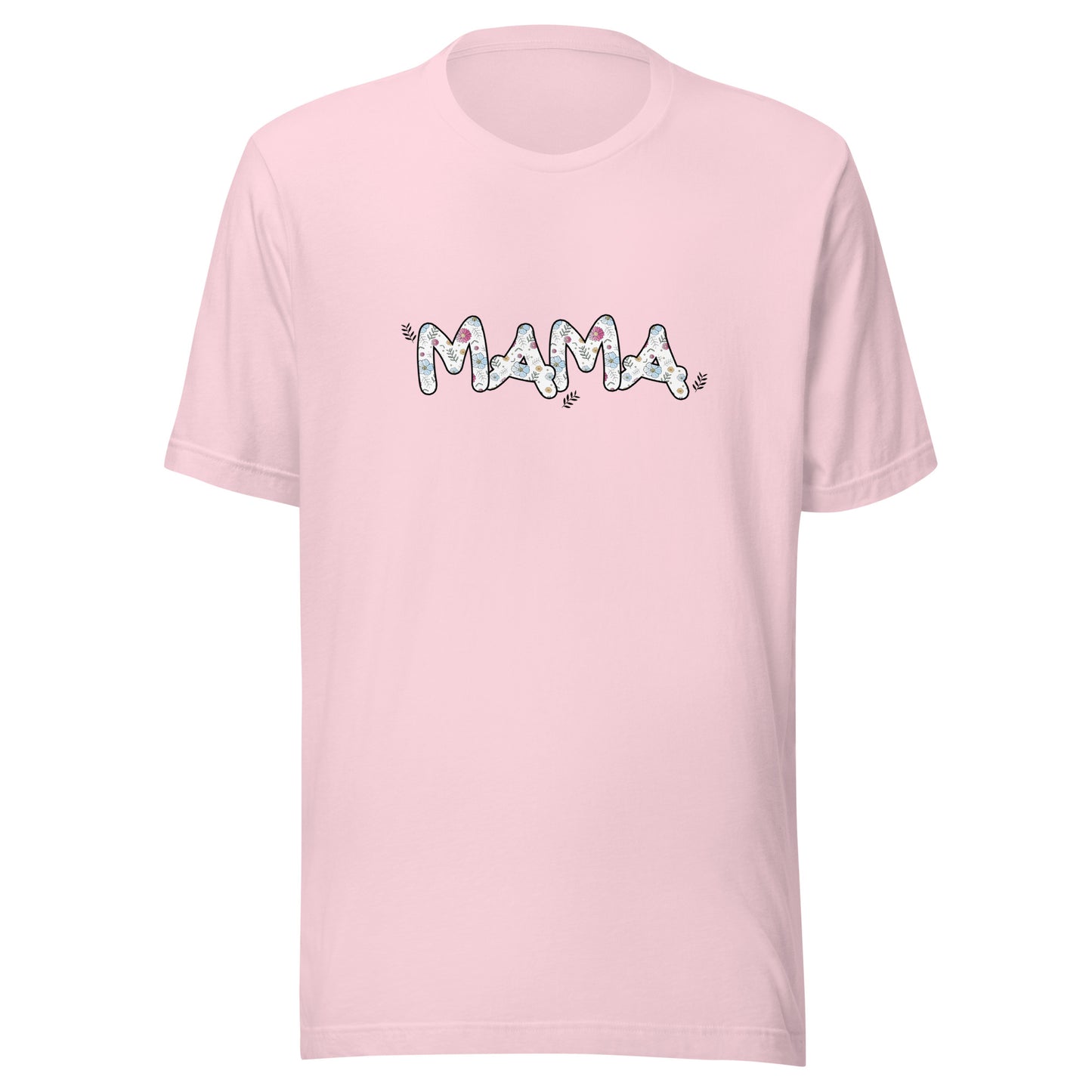 Soft pink short sleeve unisex t-shirt that says Mama on the front written in cute font with flowers inside each letter. 