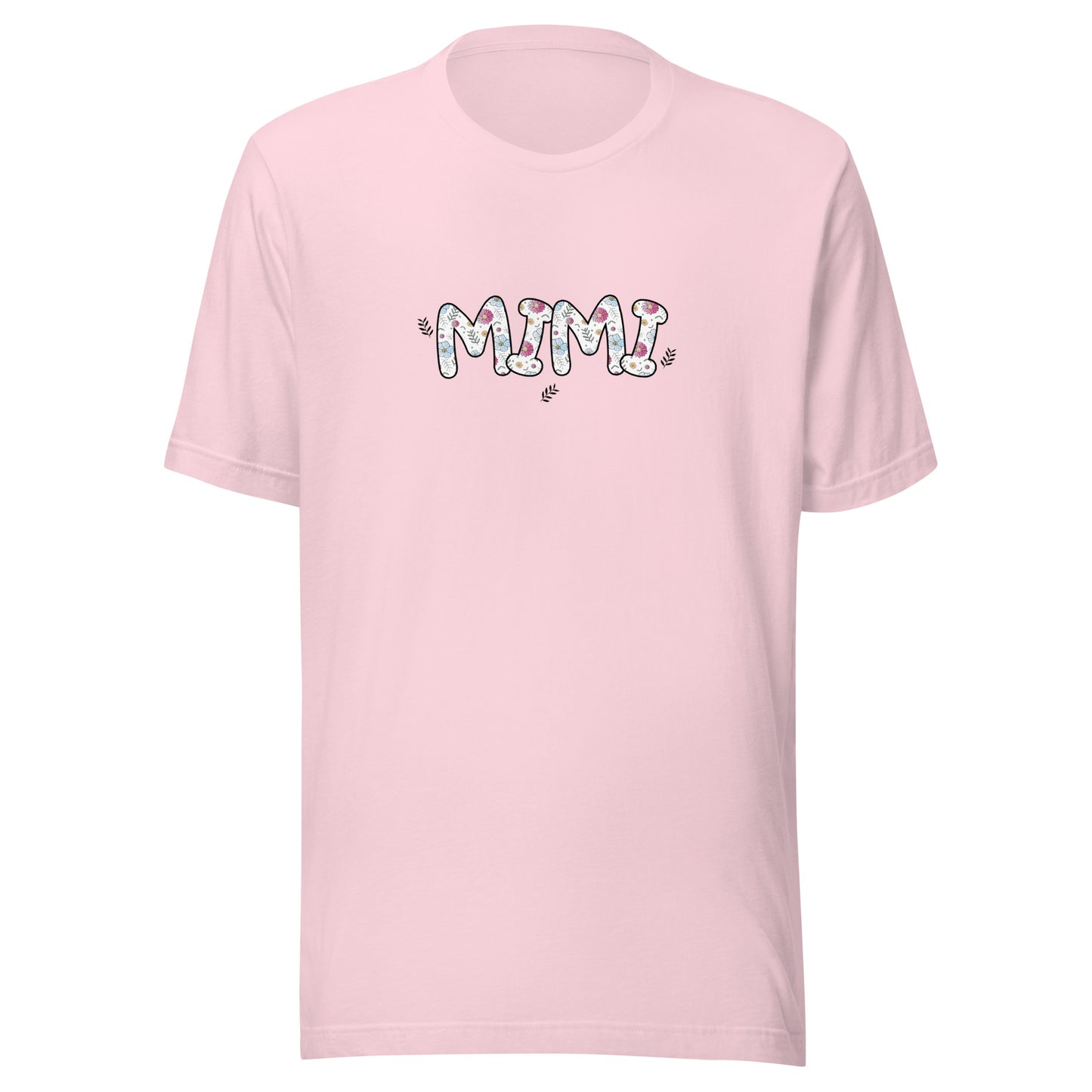 Soft pink short sleeve unisex t-shirt that says Mimi on the front written in cute font with flowers inside each letter. 