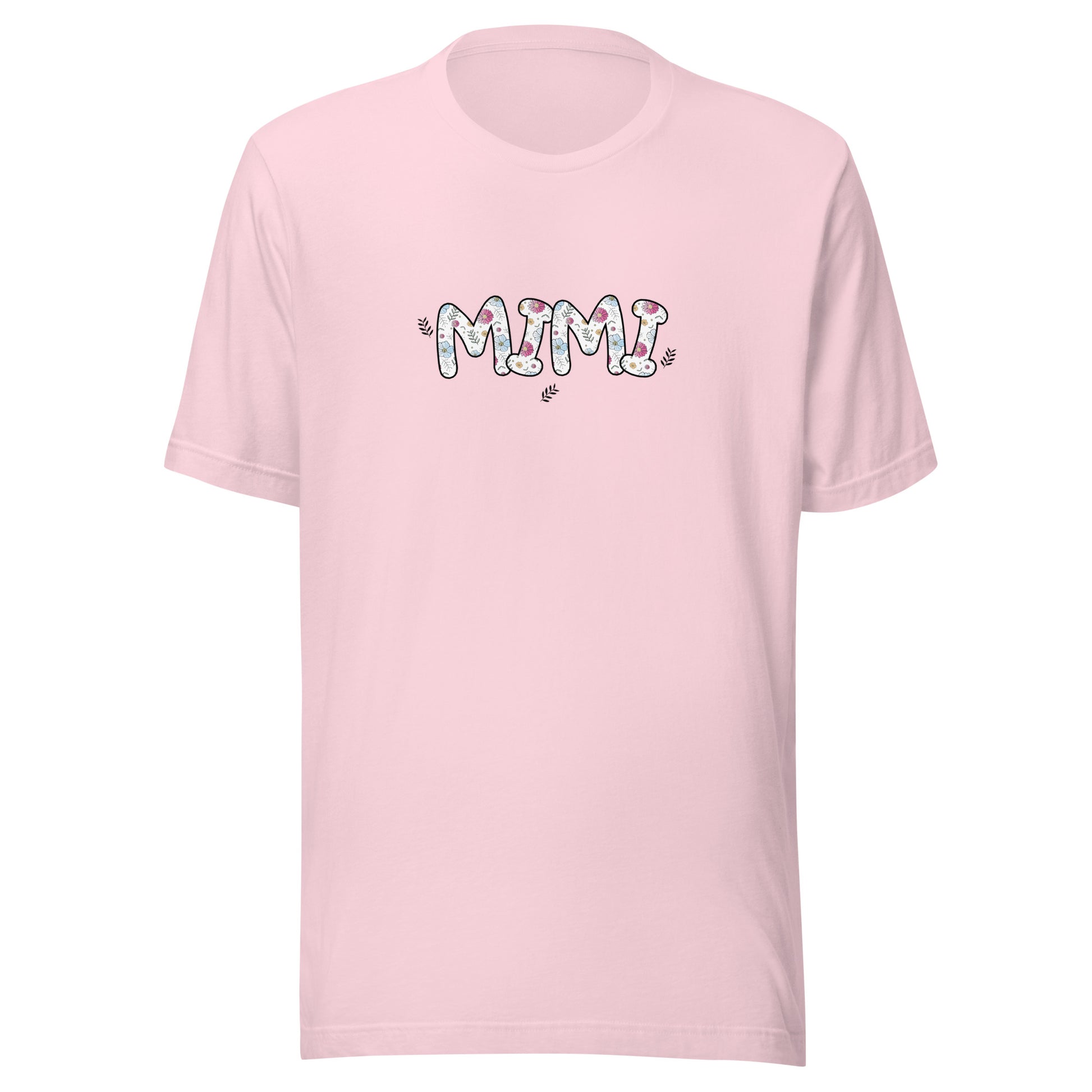 Soft pink short sleeve unisex t-shirt that says Mimi on the front written in cute font with flowers inside each letter. 