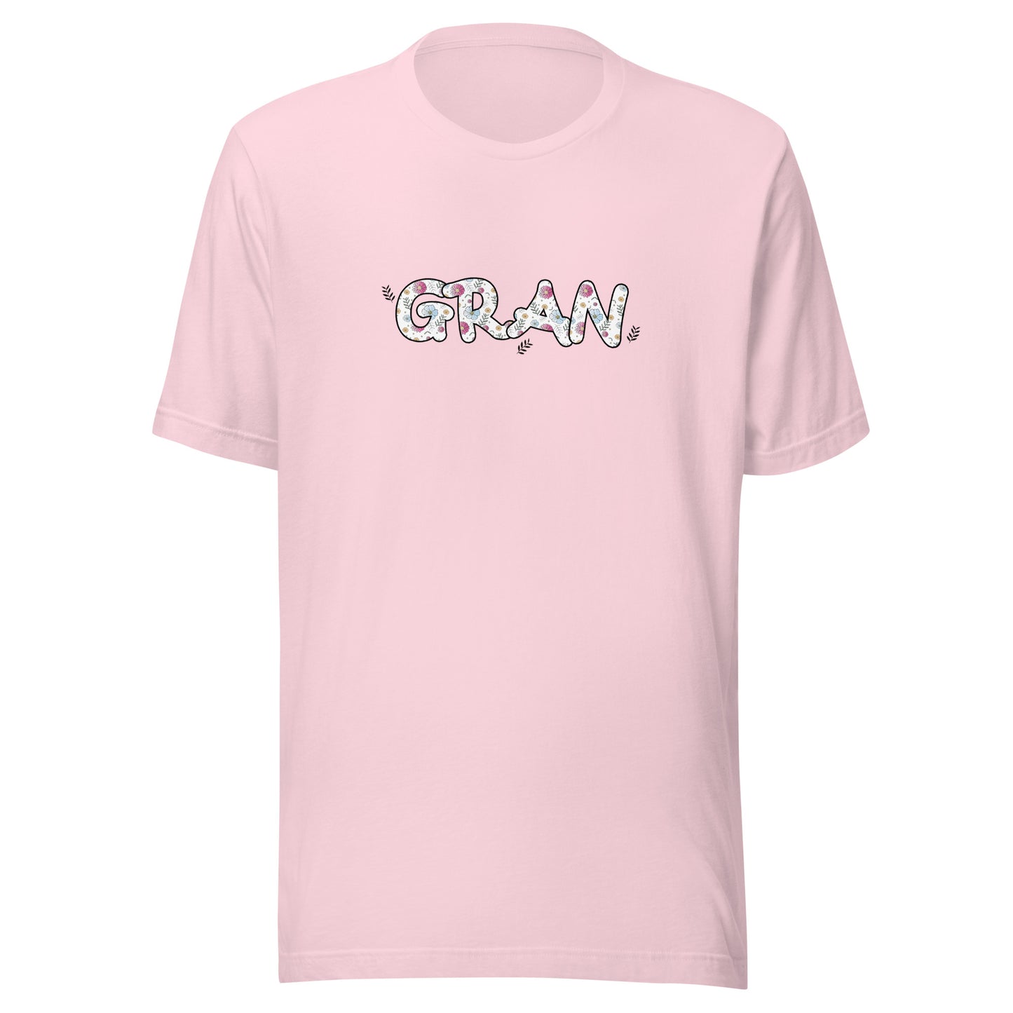 Soft pink short sleeve unisex t-shirt that says Gran on the front written in cute font with flowers inside each letter. 