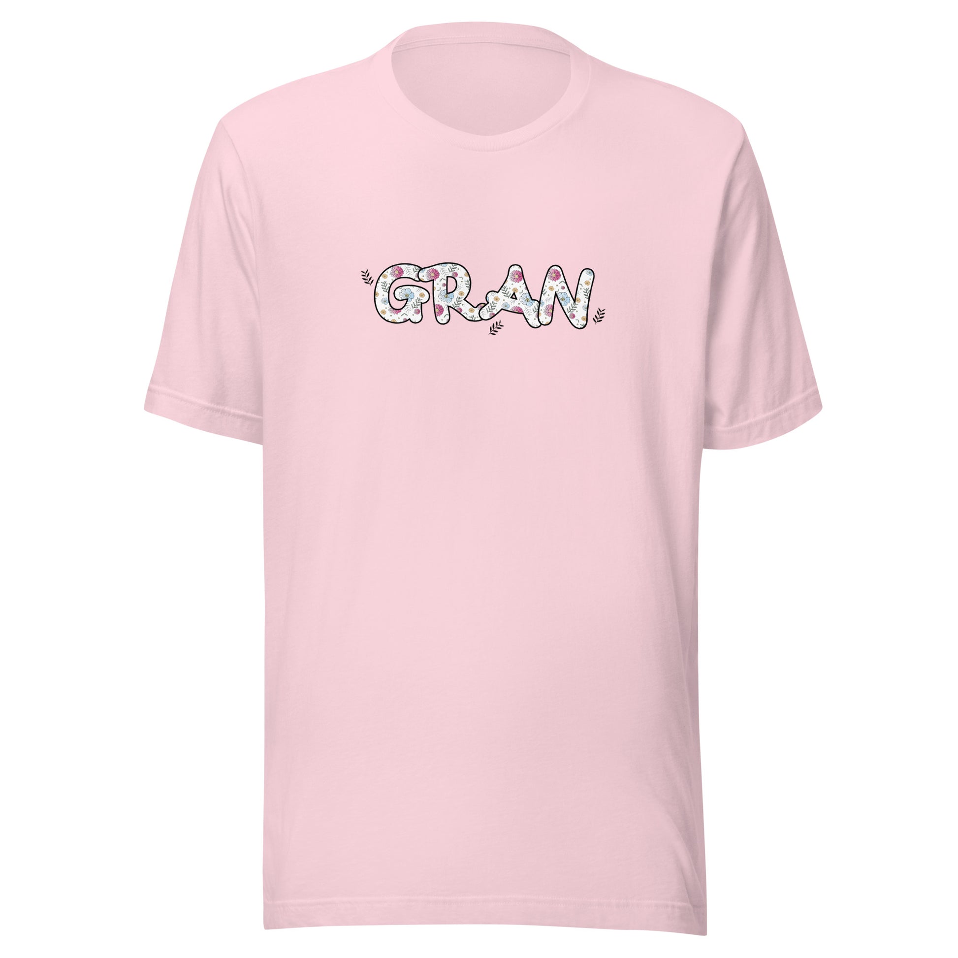 Soft pink short sleeve unisex t-shirt that says Gran on the front written in cute font with flowers inside each letter. 