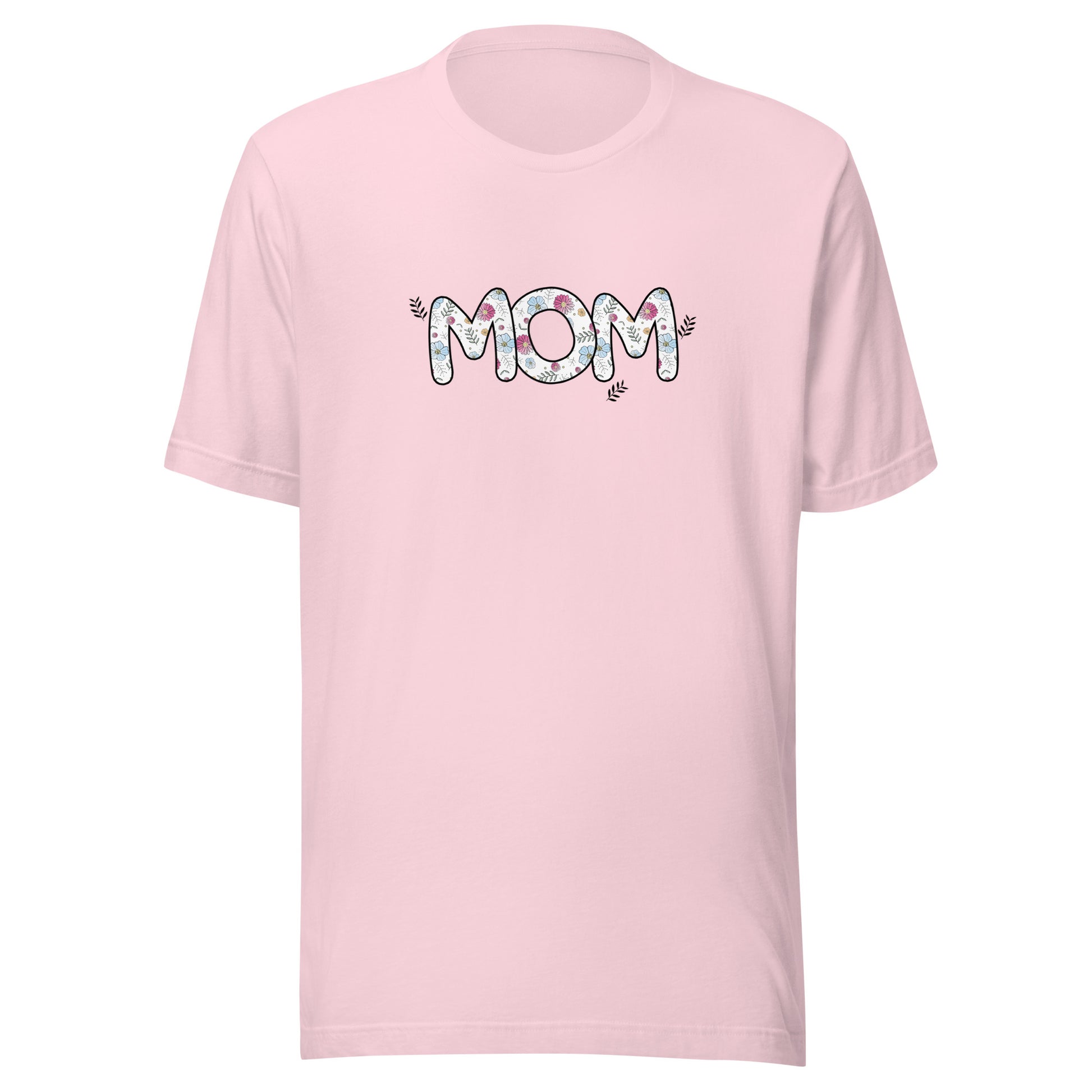 Soft pink short sleeve unisex t-shirt that says Mom on the front written in cute font with flowers inside each letter. 