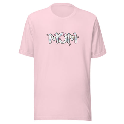 Soft pink short sleeve unisex t-shirt that says Mom on the front written in cute font with flowers inside each letter. 