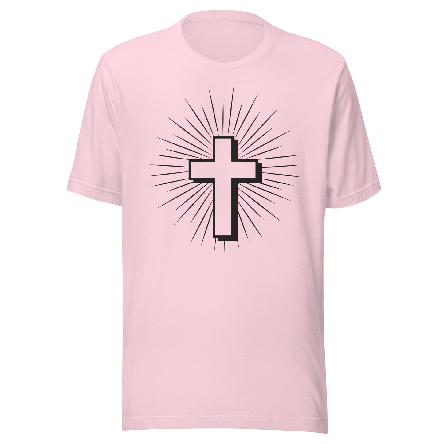 Product mockupChristian Cross with Sun Rays on a short sleeve soft pink Unisex T-Shirt.
