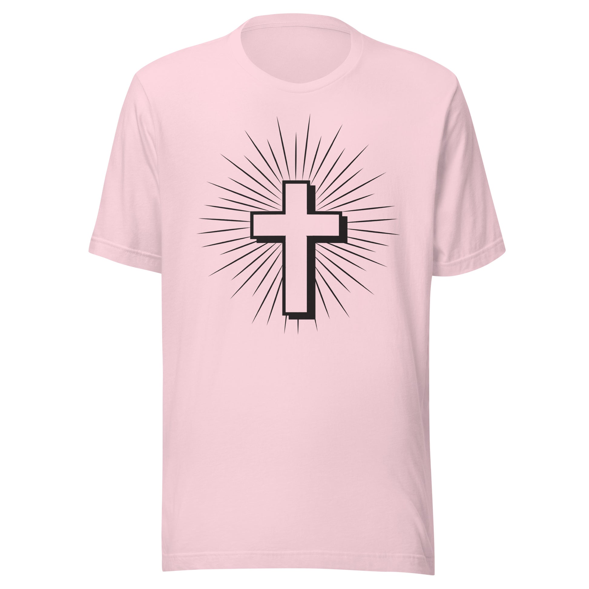 Product mockupChristian Cross with Sun Rays on a short sleeve soft pink Unisex T-Shirt.