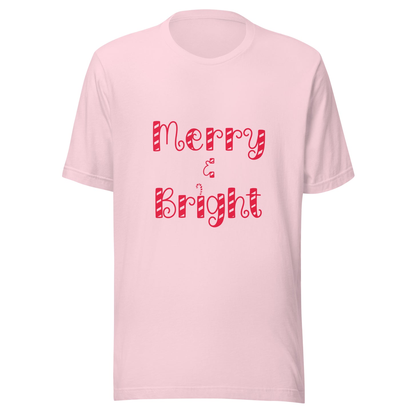 Merry & Bright typography Christmas design Unisex short sleeve T-shirt in light pink.