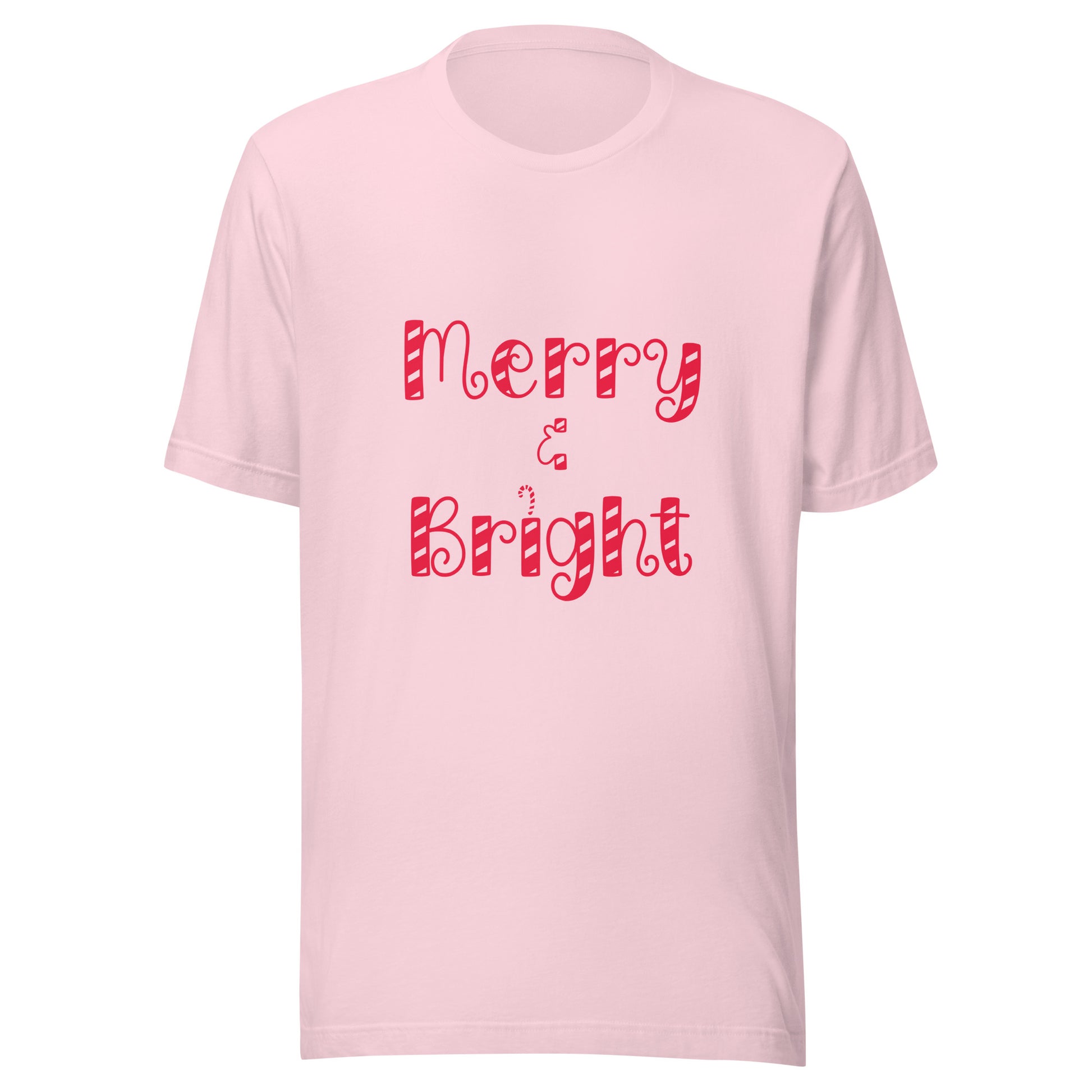 Merry & Bright typography Christmas design Unisex short sleeve T-shirt in light pink.