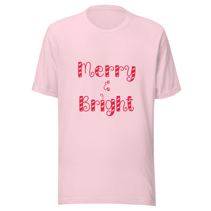 Merry & Bright typography Christmas design Unisex short sleeve T-shirt in light pink.