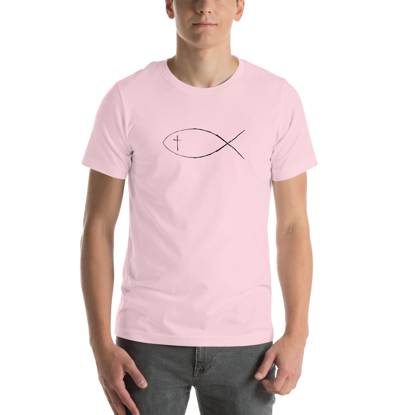 Soft pink Unisex short sleeve t-shirt with Christan fish and cross. 